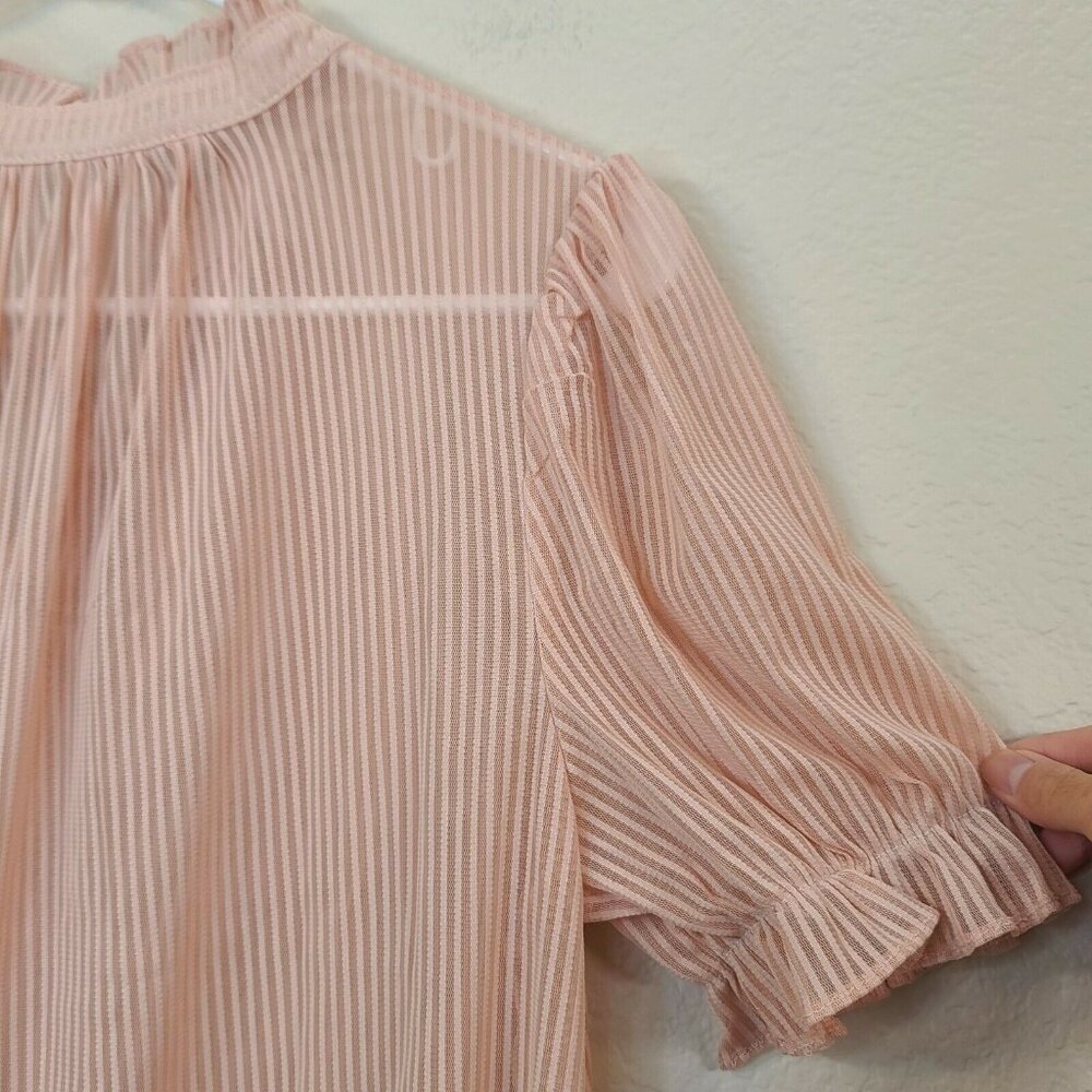 Story On Shirt Women Medium Pink Stripe Popover Sheer Peasant Boho Casual Summer - Picture 12 of 12